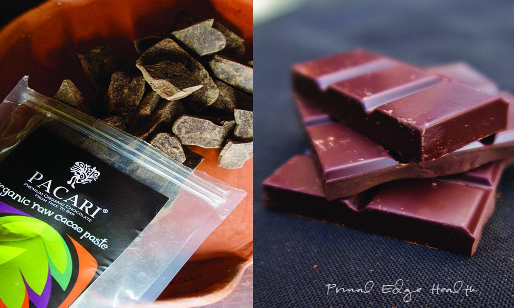 A collage of pacari organic raw cacao paste and organic chocolate bar.