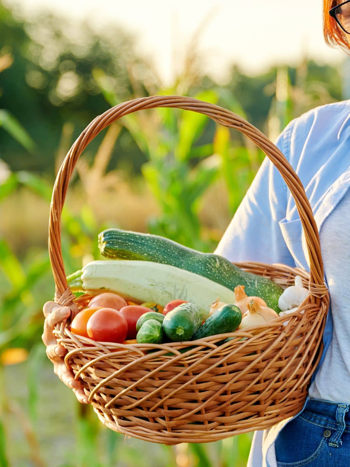 A person showcasing a basket filled with fresh local produce.