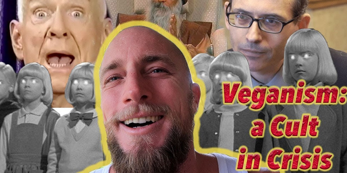 Veganism. A cult in crisis collage of different faces of people.