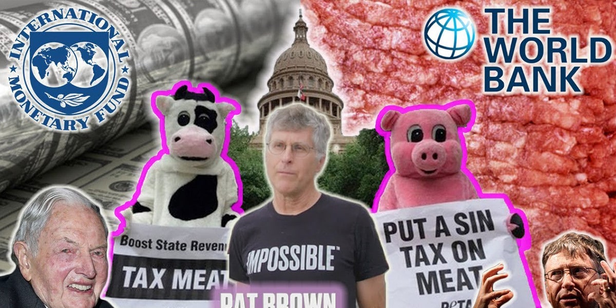 Collage of people, logos and cow and pig representations.