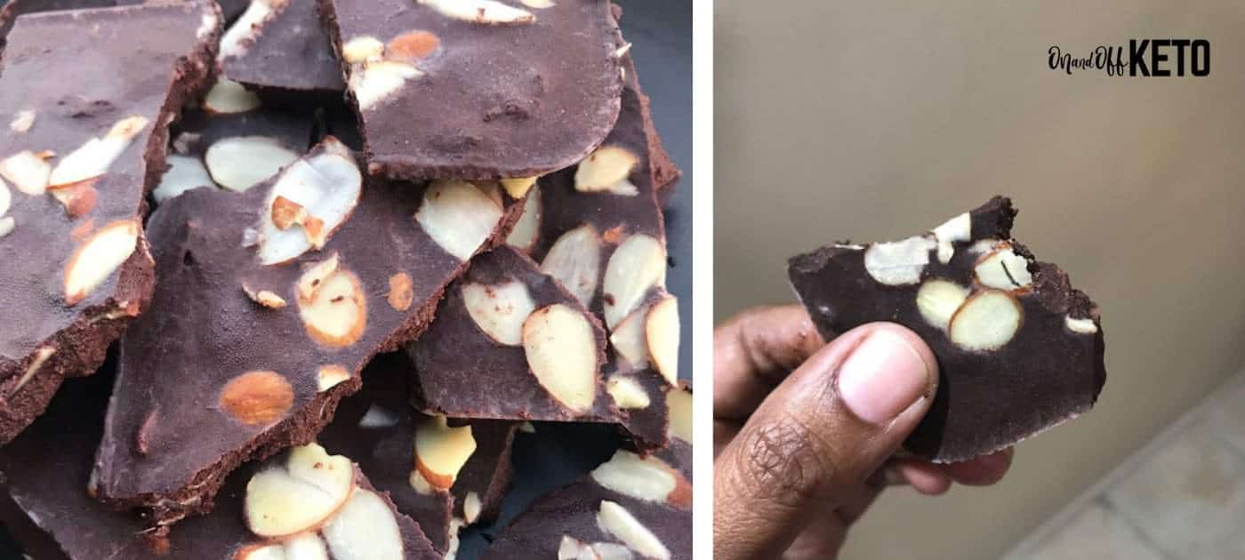 Collage of two chocolate almond bars photos with one that has a bite on it.