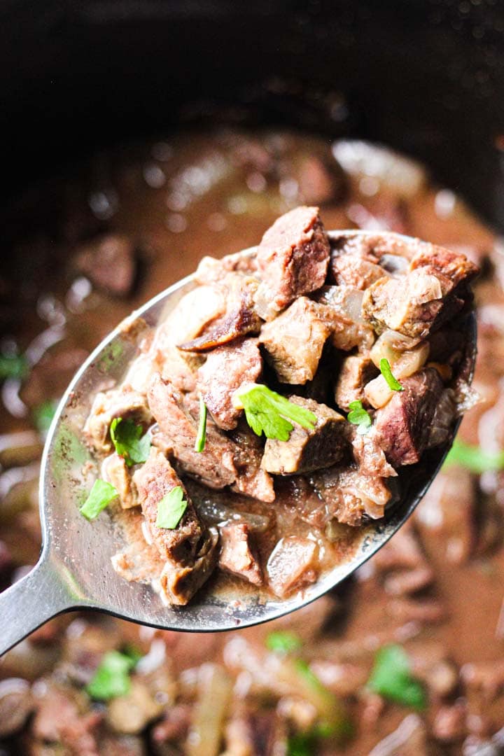 A spoonful of keto slow cooker beef heart.