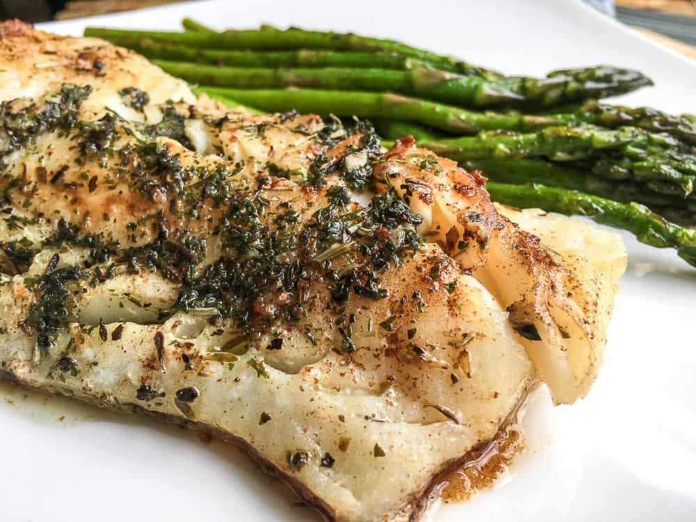 Garlic herb butter cod with asparagus on the side.