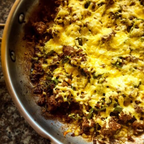 High Protein Ground Beef Cheesesteak Skillet