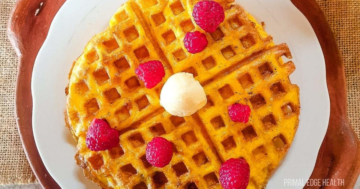 2-Ingredient Flourless Waffles with raspberries.