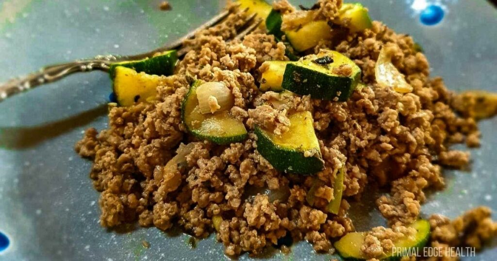 Vegetable ground beef skillet served with a fork.