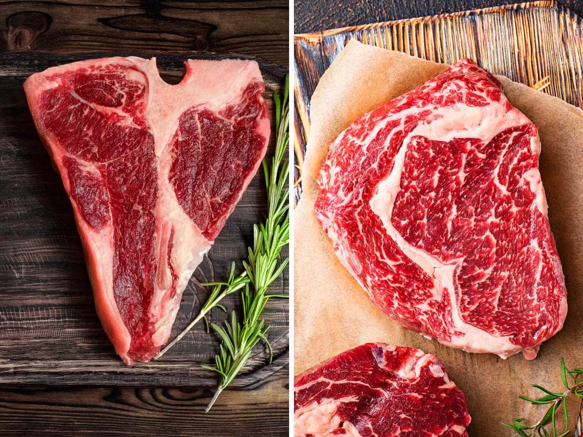 Two pictures of steaks on a cutting board.