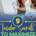 A woman uses a smartphone to adjust an air purifier beside her, with text overlay "9 Insider Secrets to Maximize Your Air Purifier's Effectiveness".