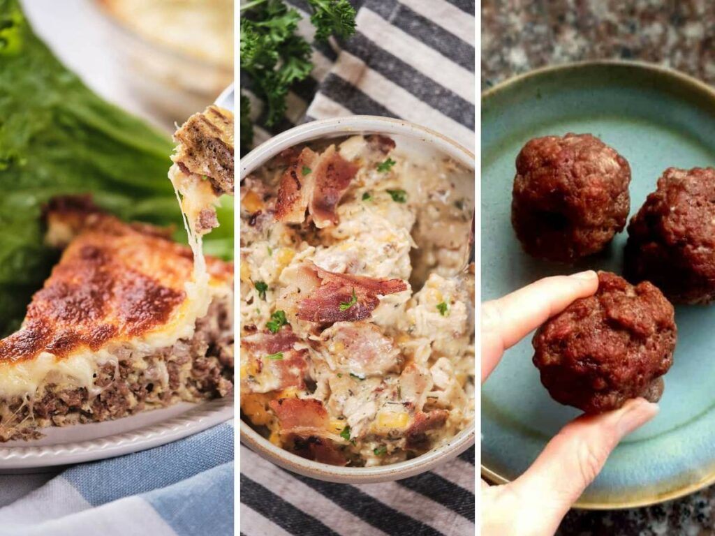A collage of three food items: a slice of quiche, a bowl of potato salad with bacon pieces, and three meatballs on a blue plate, with a hand holding one meatball.