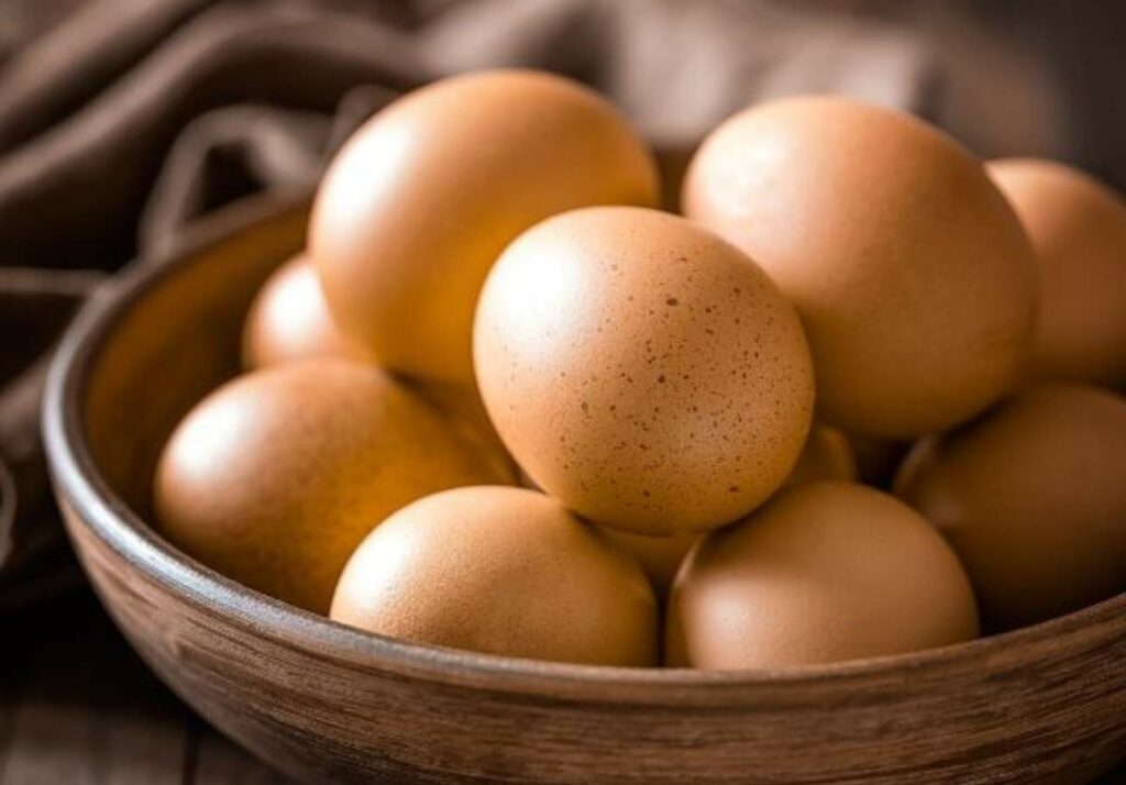 A wooden bowl filled with several brown eggs, placed against a soft-focus brown fabric background.
