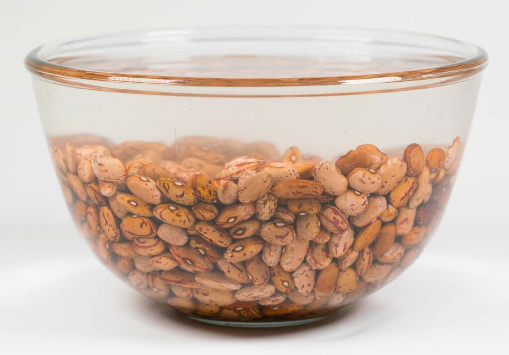 Clear glass bowl filled with pinto beans on a white background.