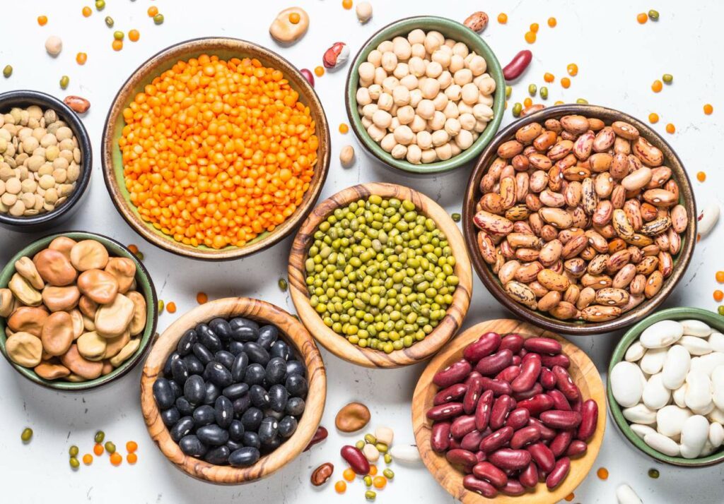 Assorted legumes including lentils, chickpeas, and beans in bowls, spread out on a white background.