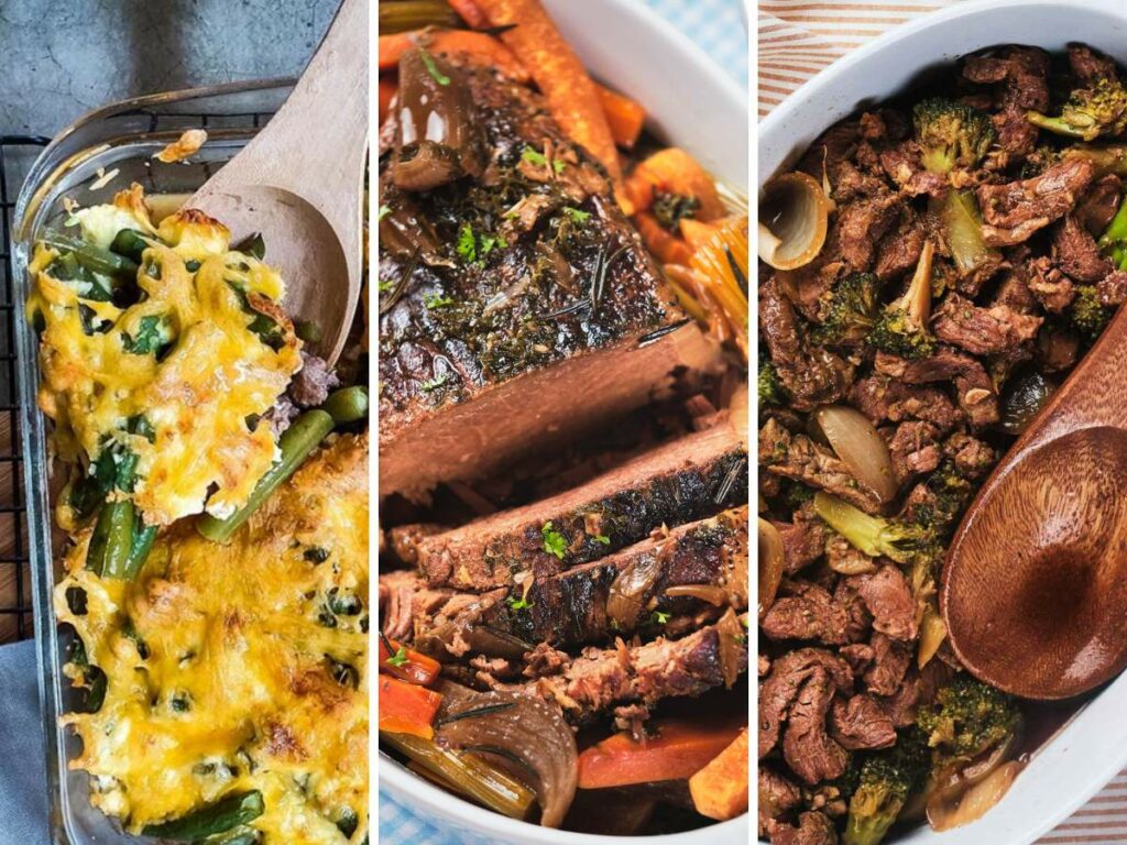 Three images of casserole dishes lined up side by side: one with a cheesy vegetable bake, one with slices of meat and vegetables, and one with beef, broccoli, and onions.