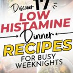 Image of a cookbook cover titled "Discover 17 Low Histamine Dinner Recipes for Busy Weeknights" with pictures of various dishes and the website PrimalEdgeHealth.com.