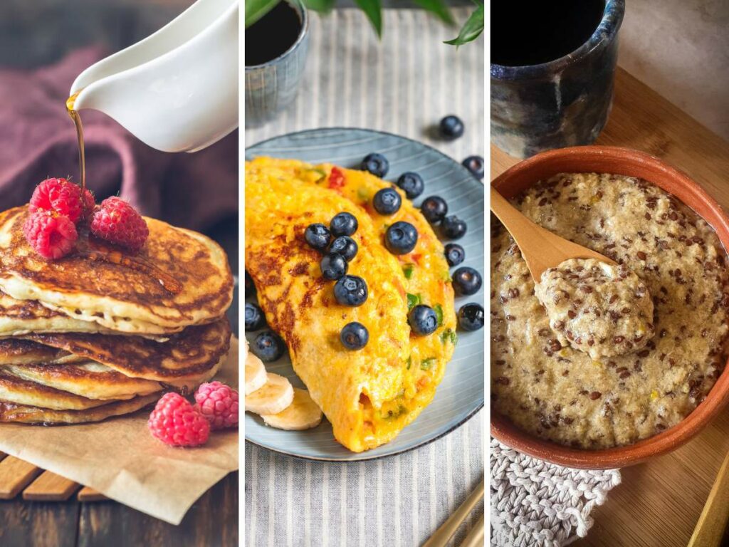 A trio of breakfast foods: Pancakes with raspberries and syrup, an omelet with blueberry topping, and a bowl of oatmeal with a wooden spoon, placed side by side.