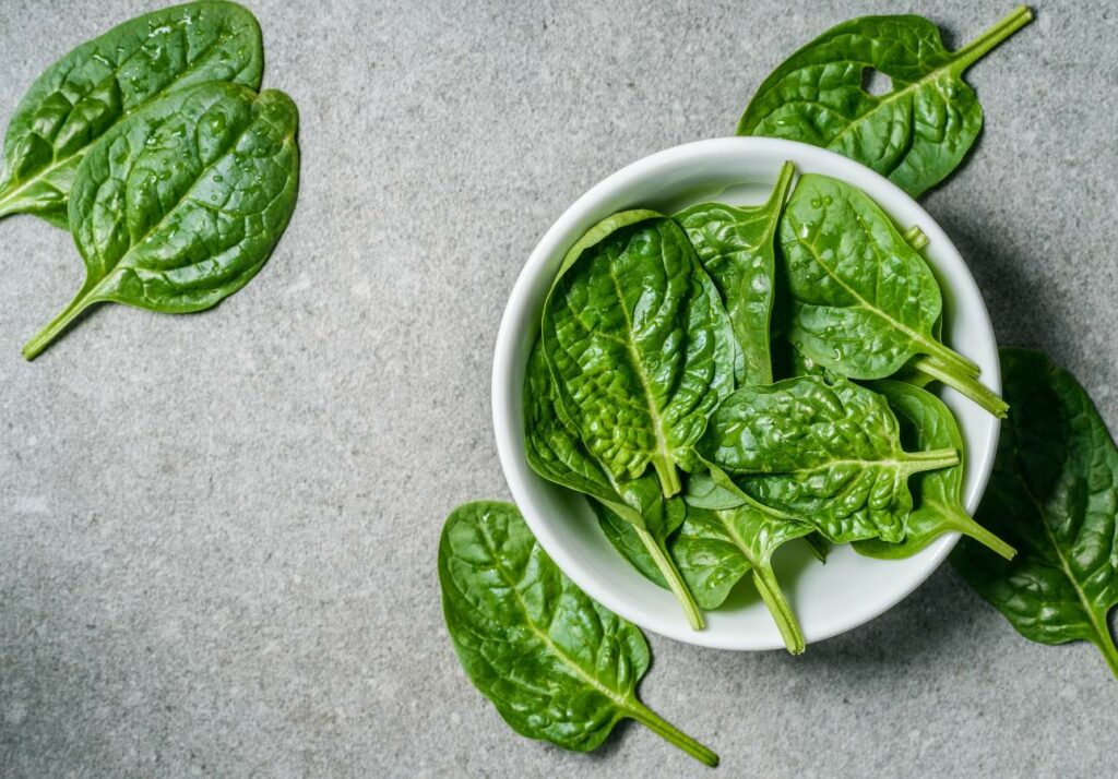 A white bowl filled with fresh spinach leaves, placed on a gray surface with a few spinach leaves scattered around.