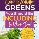 A poster titled "Low Oxalate Greens You Should Be Including In Your Diet" featuring various leafy greens and broccoli. There's a yellow starburst saying "Discover the Best Low-Oxalate Greens Now!.