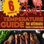Promotional image for a steak temperature guide featuring sliced steak at various doneness levels, with text "6 Steak! Temperature Guide for ultimate flavor & tenderness.