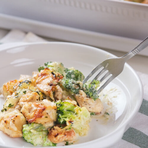 A fork holding a bite of broccoli and chicken above a white plate filled with a chicken and broccoli dish.