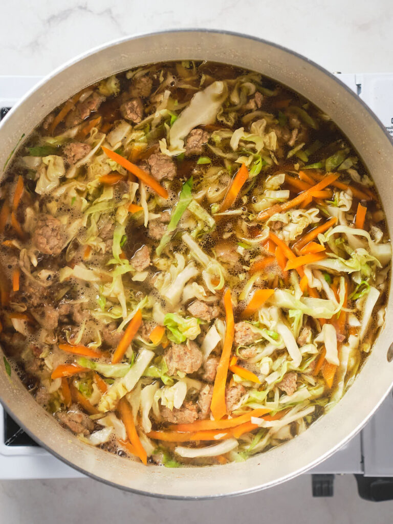 A large pot of soup containing sliced cabbage, carrot strips, pieces of meat, and a broth, cooking on a stove.