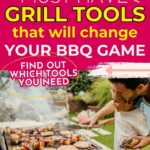 A man and a child grill skewers beside an advertisement reading "Must-Have Grill Tools That Will Change Your BBQ Game. Find Out Which Tools You Need. primaledgehealth.com".