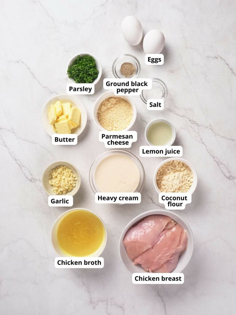 Ingredients laid out on a marble countertop.