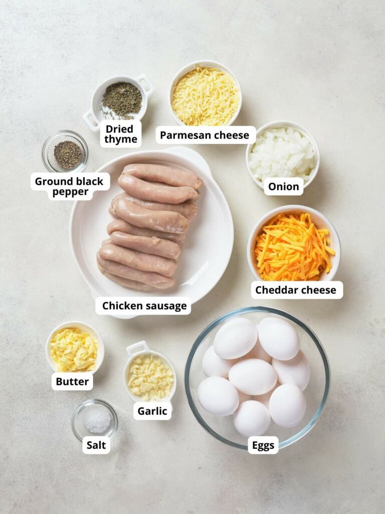 Ingredients of keto breakfast casserole on a table include.