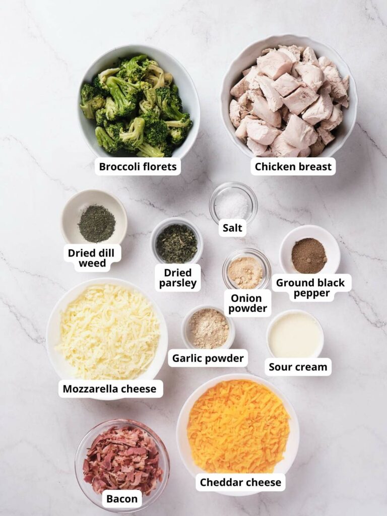 Ingredients for keto chicken bacon ranch casserole recipe.