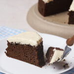 A slice of dark chocolate cake with white frosting on a white plate, with a fork lifting a small piece.