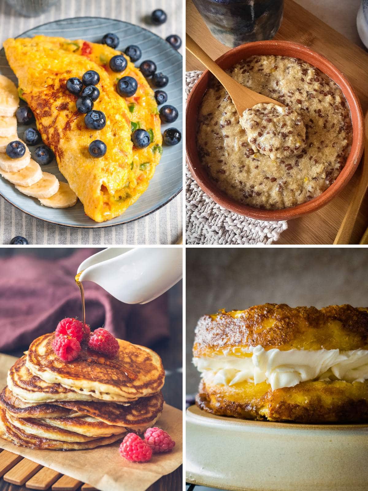 A collage of four low oxalate breakfast recipes.