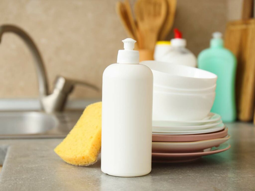 A white bottle of dish soap sits on a kitchen counter next to a yellow sponge and a stack of clean dishes.