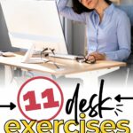 Woman sitting at a desk, stretching her neck while looking at a computer monitor. Text on image: "11 desk exercises that are better than a cup of coffee.