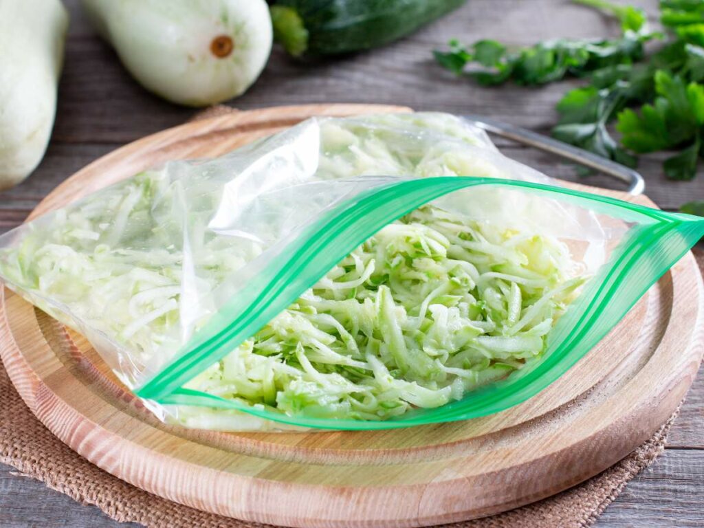 A ziplock bag containing shredded zucchini sits on a round wooden cutting board, with whole zucchinis and fresh herbs in the background.