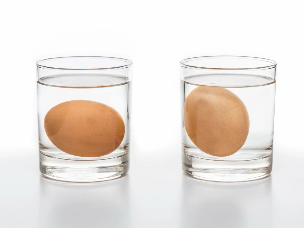 Two glass cups filled with water: an egg floats in the left cup, while another egg sinks in the right cup.