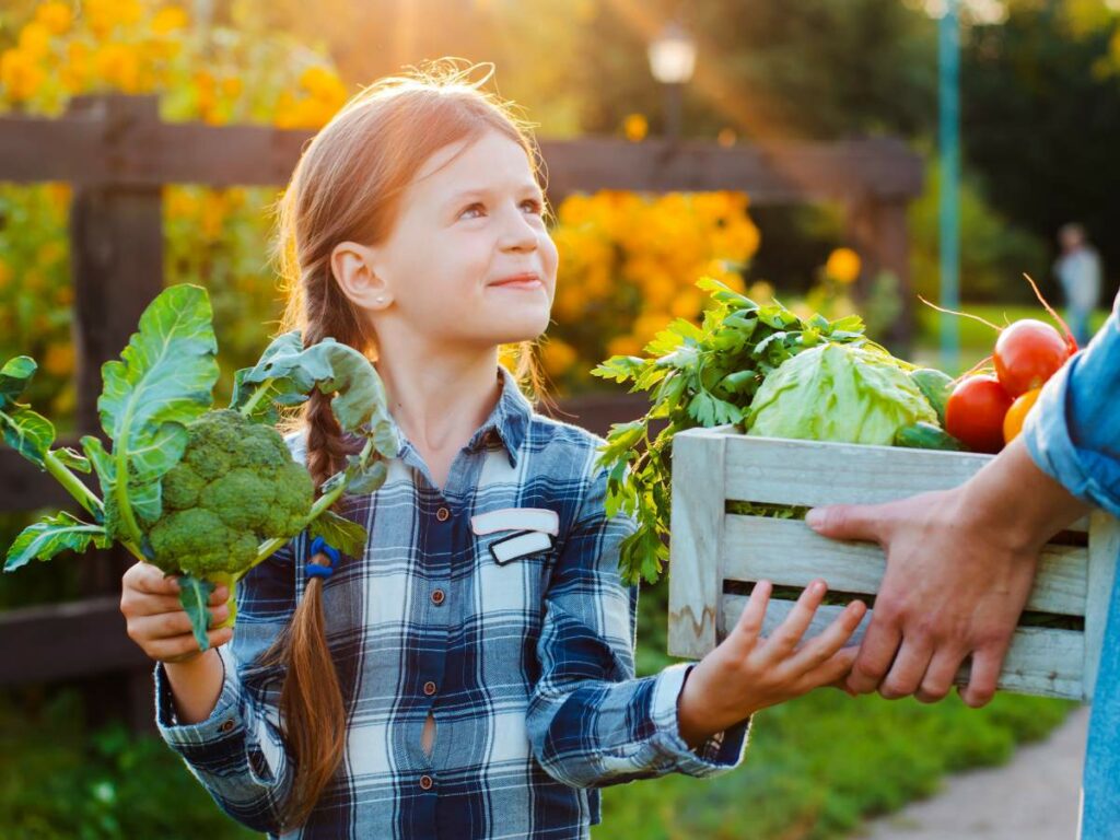 A child in a plaid shirt holds fresh broccoli and receives a wooden crate filled with vegetables.