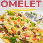 Close-up of a Mediterranean omelet topped with chopped tomatoes, olives, and herbs, on a white plate with a fork. Text overlay reads, "15-Minute Mediterranean Omelet.