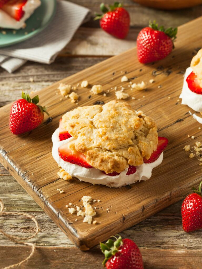 A wooden board holds a biscuit sandwich with whipped cream and strawberry slices.