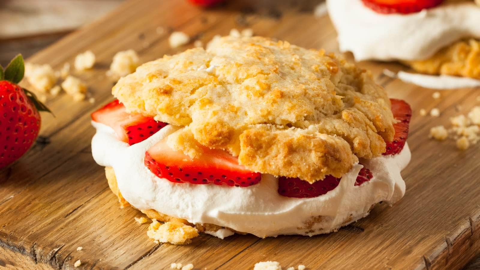 A strawberry shortcake dessert with sliced strawberries and whipped cream.