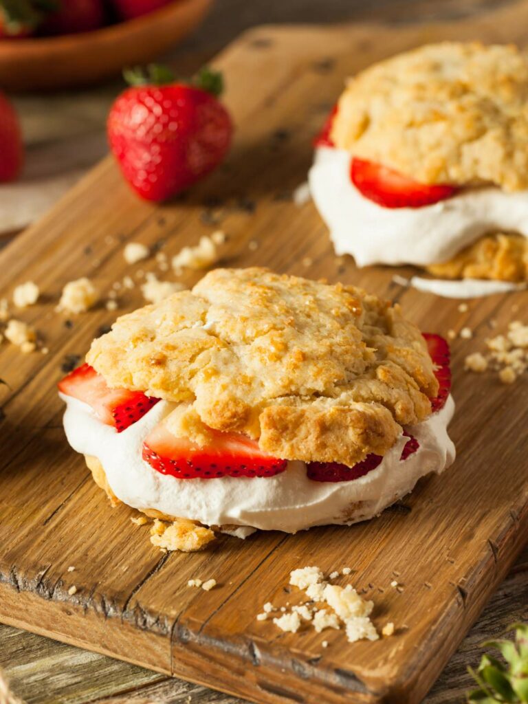 Two strawberry shortcakes with whipped cream and fresh strawberry slices on a wooden board.