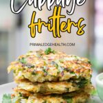 A plate of cabbage fritters garnished with parsley, with the text "Healthy Cabbage Fritters" in the background.