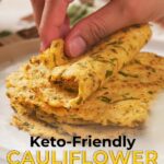 A hand holding a folded keto-friendly cauliflower tortilla with text, "Keto-Friendly Cauliflower Tortillas" and "PrimalEdgeHealth.com" below.