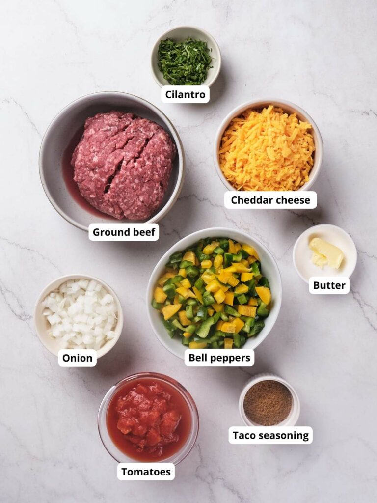 Various ingredients for a recipe are arranged on a countertop.