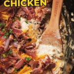 A close-up image of a slow cooker filled with crack chicken, consisting of shredded chicken, cheese, bacon, and herbs. A wooden spoon is seen mixing the ingredients. Text on the image reads "Slow Cooker Crack Chicken.