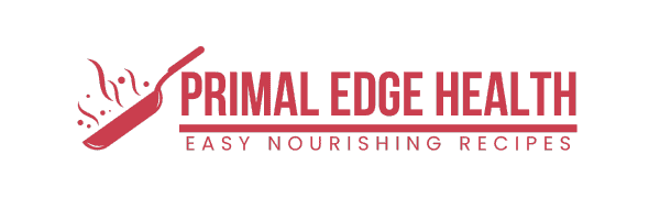 Logo of Primal Edge Health featuring a red cutting board with steam and the text "Primal Edge Health - Easy Nourishing Recipes" on a maroon background.