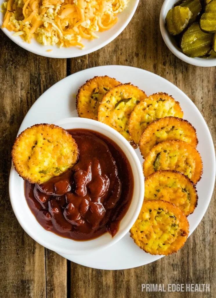 A plate of seven round zucchini fritters with a bowl of dark dipping sauce in the center, set on a wooden surface. Shredded cheese and pickles are visible in the background.