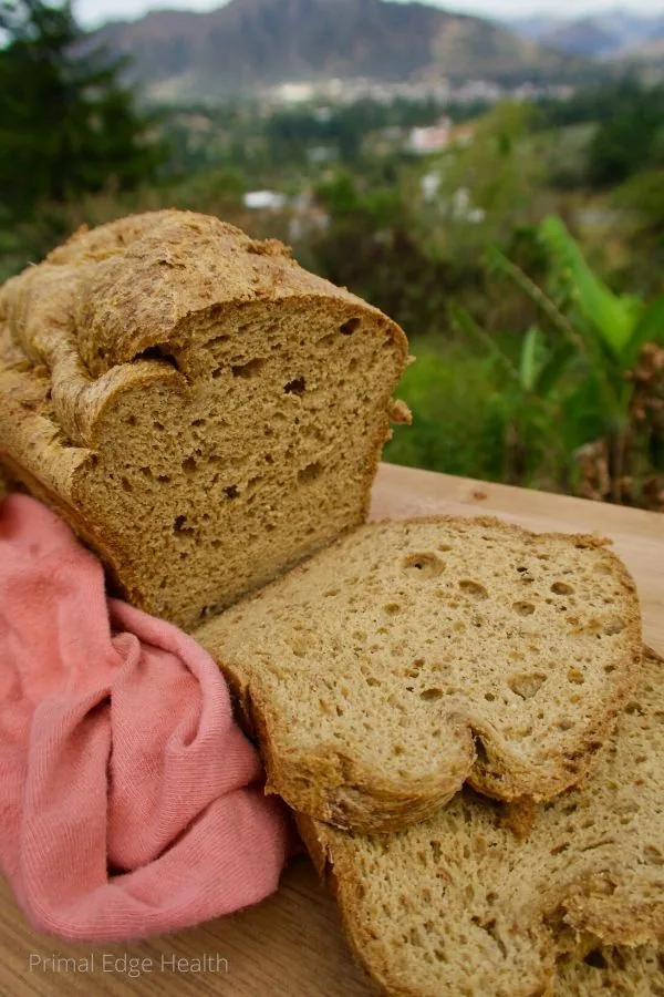 A loaf of brown bread with two slices cut off, placed on a wooden surface with a pink cloth beside it. The background shows an outdoor landscape with greenery and mountains.