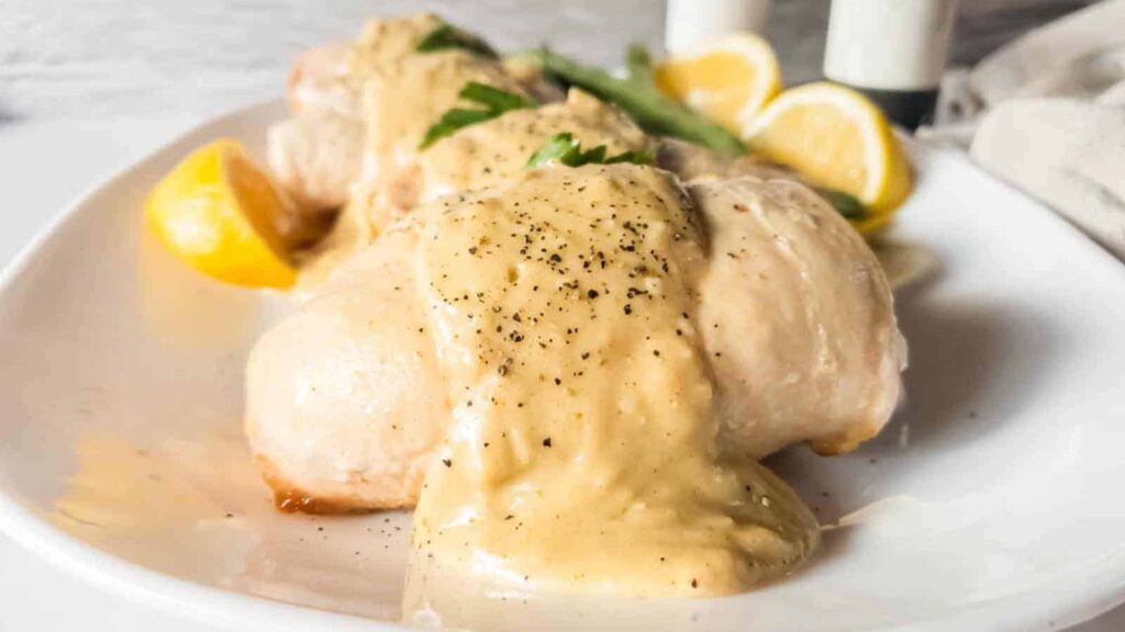 Plate of chicken breasts topped with creamy sauce, garnished with black pepper and parsley, accompanied by lemon wedges.