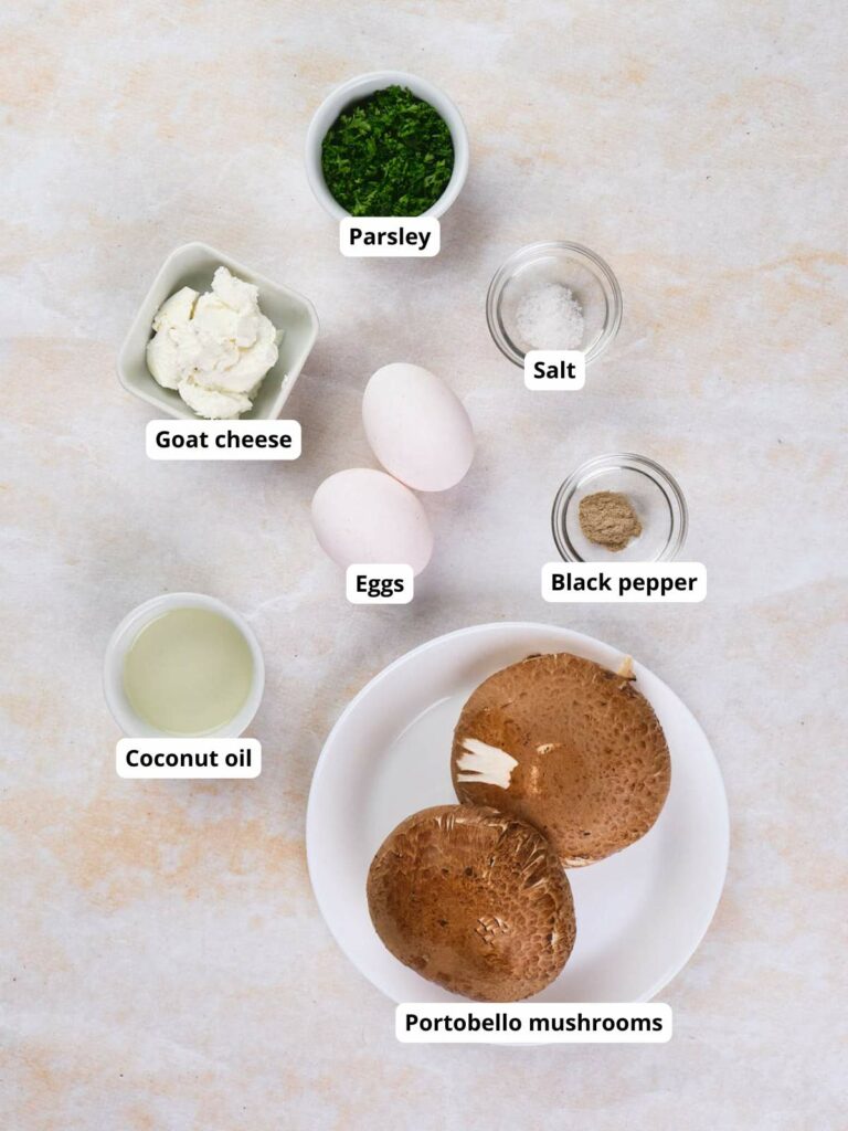 A display of labeled ingredients for egg in mushroom.