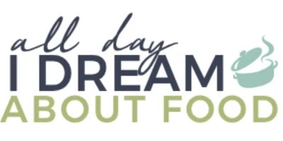 Text logo reads "all day I DREAM ABOUT FOOD" with a stylized pot emitting steam on the right side. Uppercase letters are in dark blue and lowercase in light green.