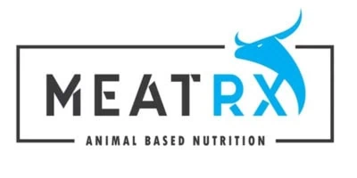 Logo of MeatRx with a stylized blue bull's head on the right. The text reads "MEAT RX" and "ANIMAL BASED NUTRITION" below it, enclosed in a rectangular border.